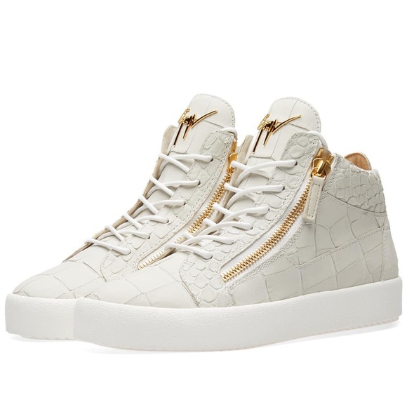 Giuseppe Zanotti Shoes | Giuseppe Zanotti Leather Croc Double Zip Mid Kriss Sneaker | Color: Gold/White | Size: 10 | Stephkeri's Closet